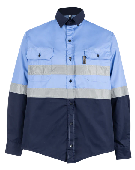 Reflective Hi-Vis Sky blue + navy 2-tone long sleeve cotton shirts