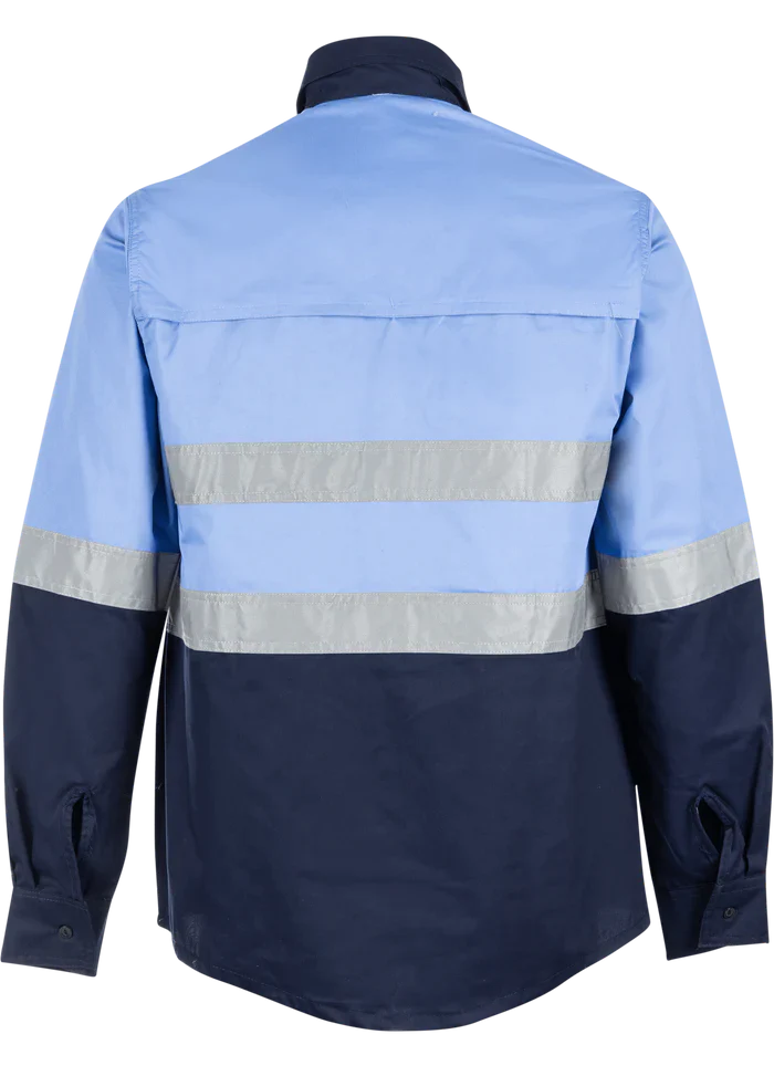 Reflective Hi-Vis Sky blue + navy 2-tone long sleeve cotton shirts