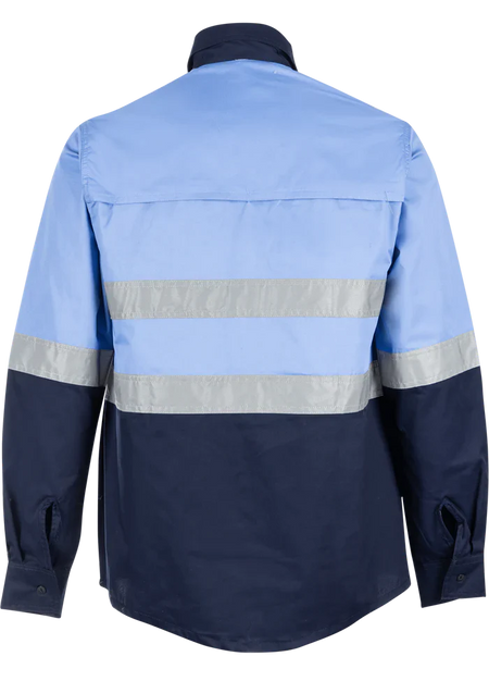 Reflective Hi-Vis Sky blue + navy 2-tone long sleeve cotton shirts