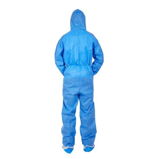 Disposable blue 35gsm SPP poly non-woven zip + hood coverall