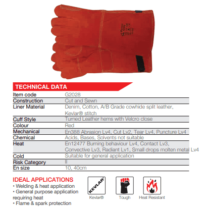 Heat resistant 8'' cuff foam Kevlar stitch leather welding gloves Burn-Lv4