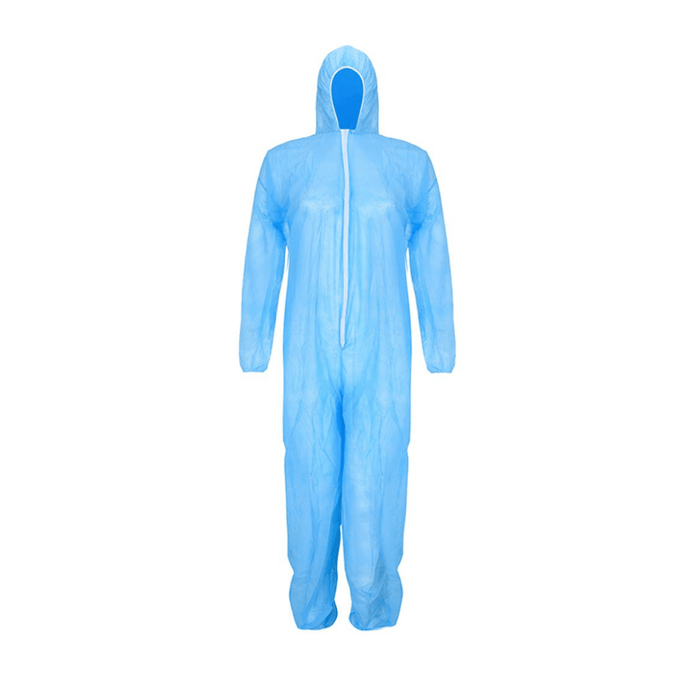 Disposable blue 35gsm SPP poly non-woven zip + hood coverall