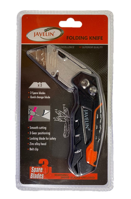 Quick release 3 Point fixed heavy duty foldable utility knife + blade storage + safety button