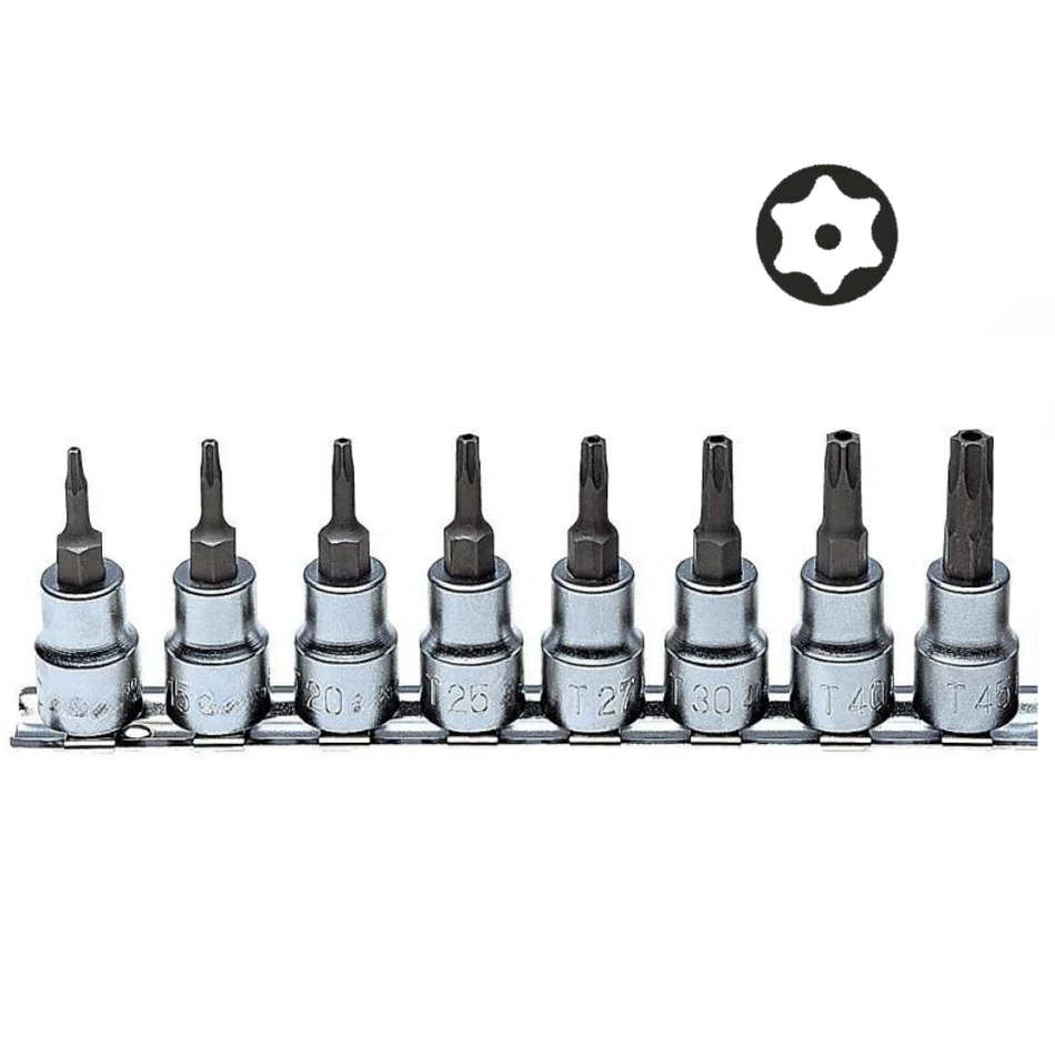 8pce 1/4''Dr 10mm 45mm Male star tamper proof torx set