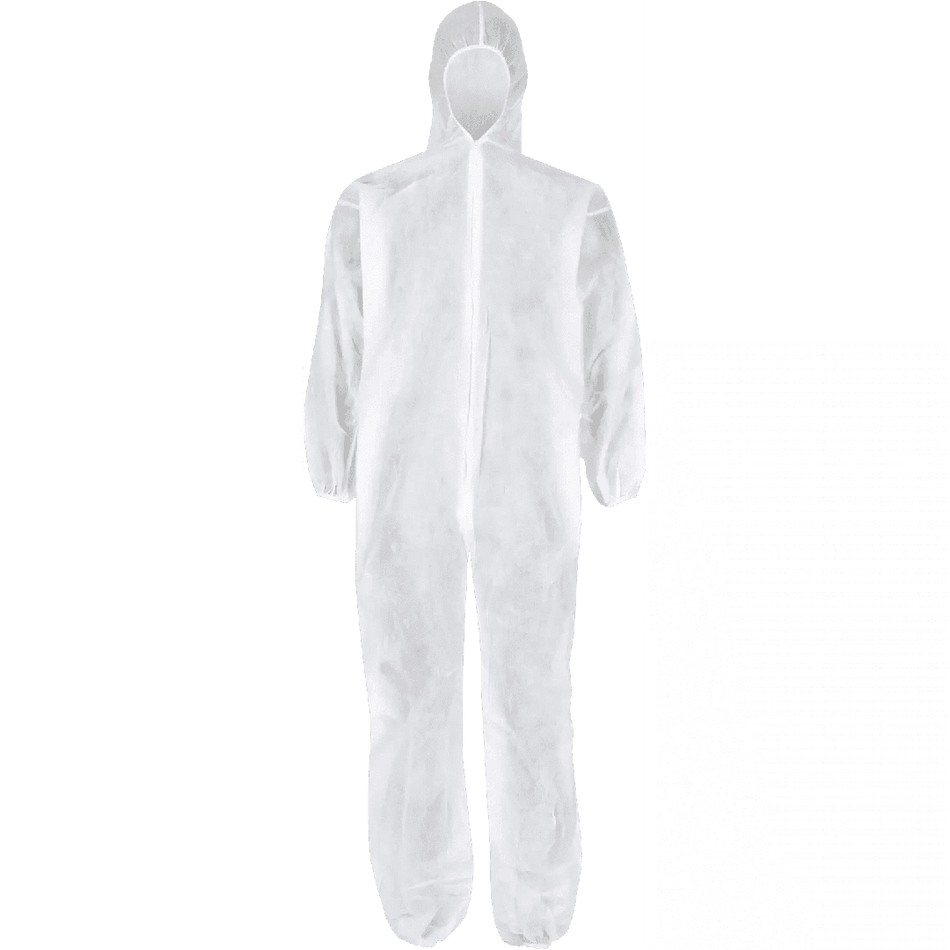 Disposable white 35gsm SPP poly non-woven zip + hood coverall