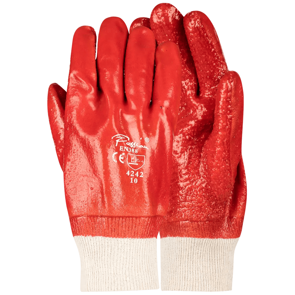 2.5'' Knit wrist cuff rough terry palm red PVC gloves Abrasion-Lv4