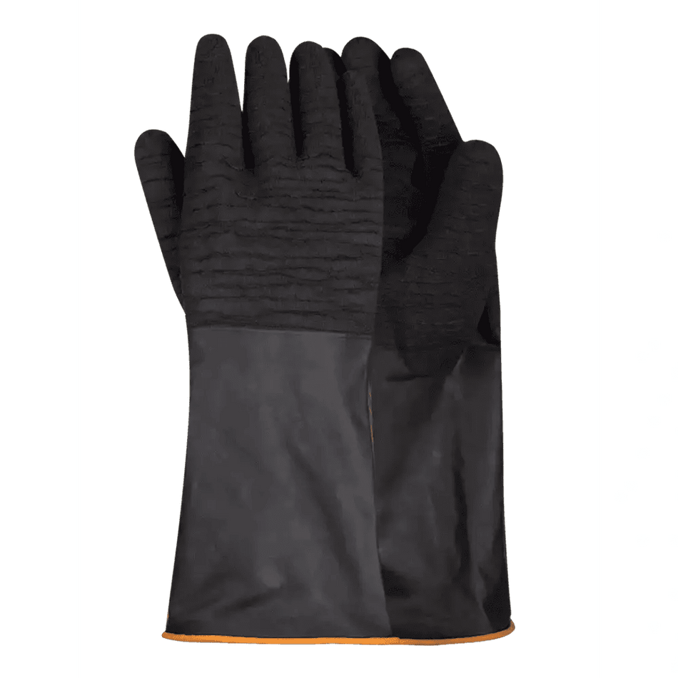 Chemical resistant 14'' cuff rough palm black rubber latex gloves