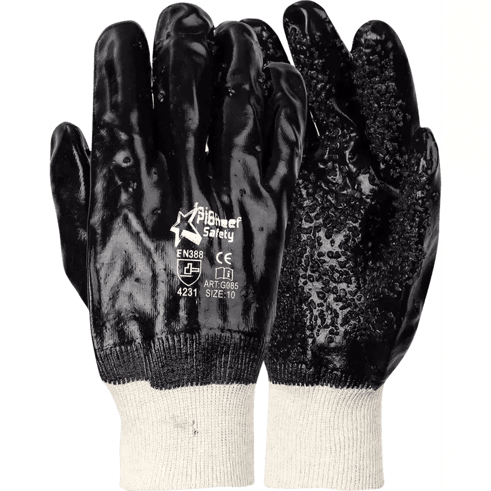 2.5'' Knit wrist cuff rough chip palm black PVC gloves Abrasion-Lv4
