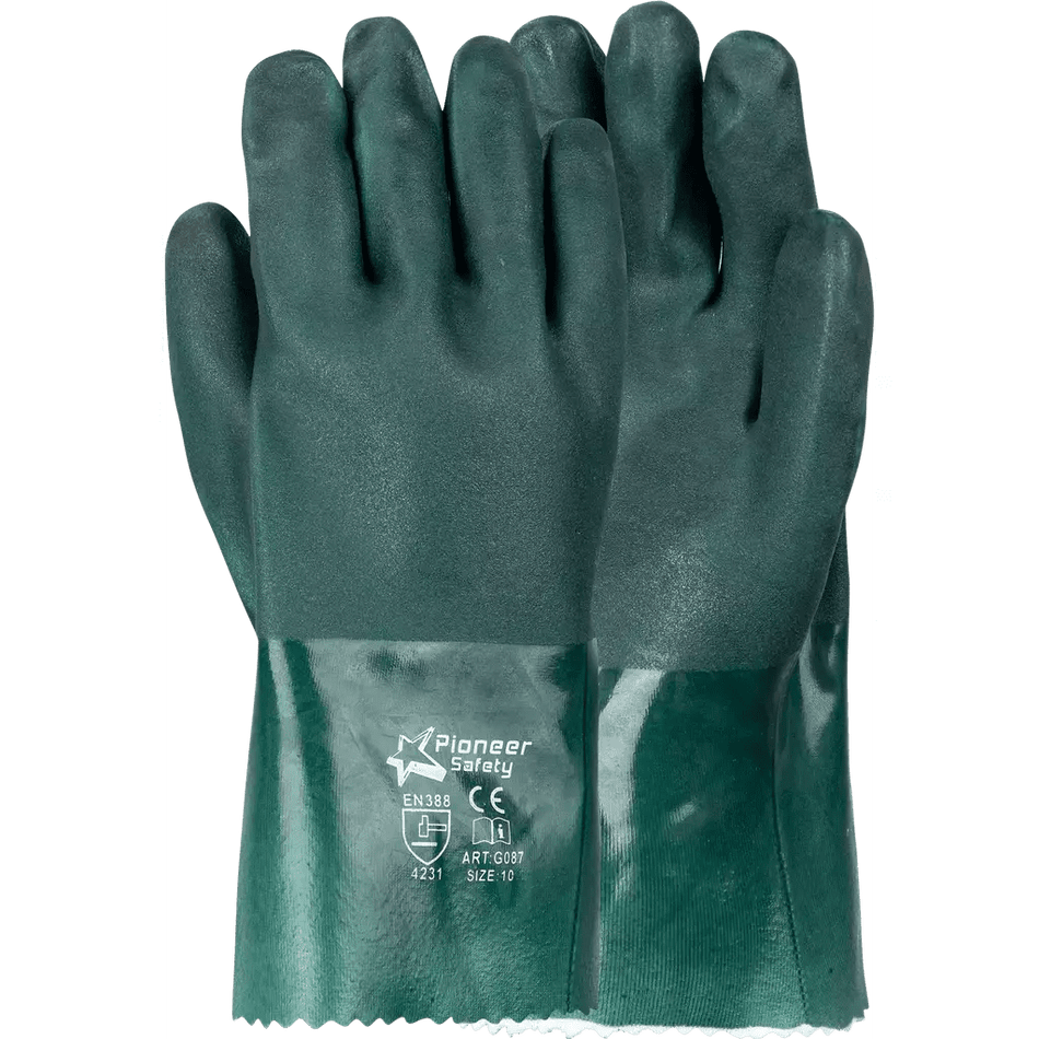 12'' Open cuff inner jersey liner double dipped green PVC gloves Abrasion-Lv4
