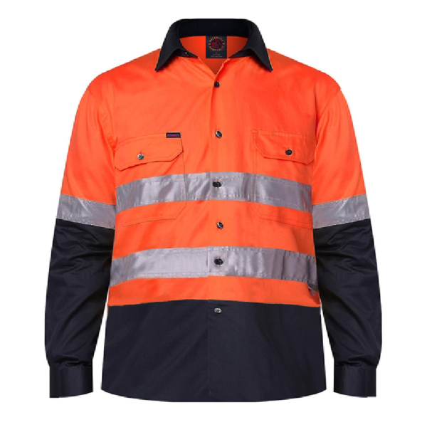 Reflective Hi-Vis Orange + navy 2-tone long sleeve cotton shirts