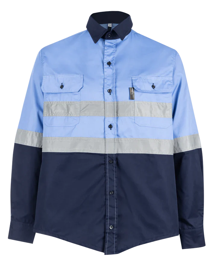 Reflective Hi-Vis Sky blue + navy 2-tone long sleeve cotton shirts