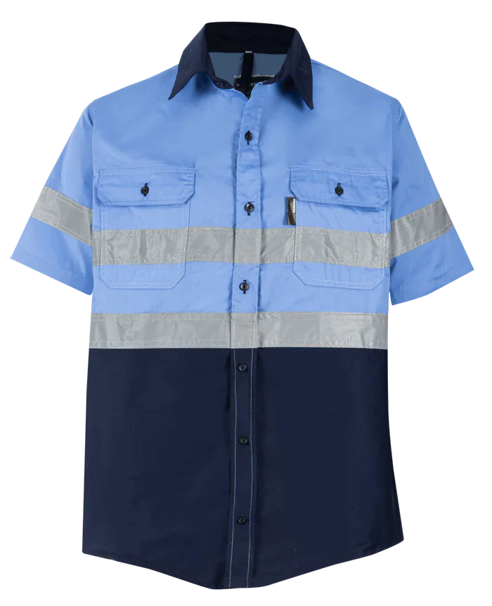 Reflective Hi-Vis Sky blue + navy 2-tone short sleeve cotton T-shirts