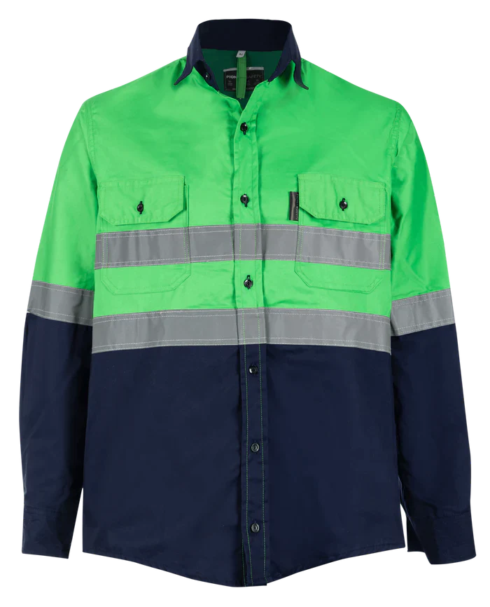 Reflective Hi-Vis Lime green + navy 2-tone long sleeve shirts
