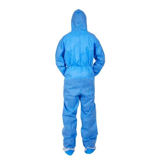 Disposable blue 35gsm SPP poly non-woven zip + hood coverall