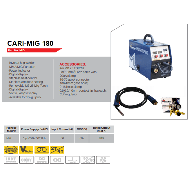 180Amp 220Volt Pioneer inverter compact mig welding machine