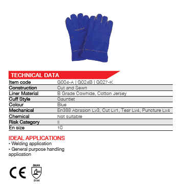 2.5'' blue lined leather welding gloves