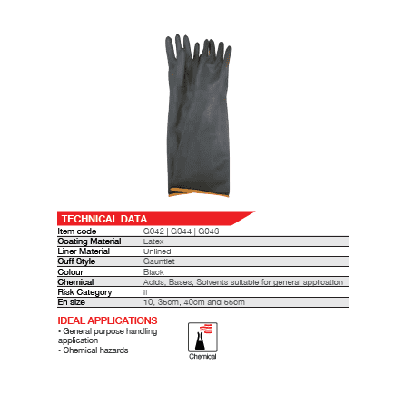 Chemical resistant 22'' cuff smooth palm black rubber latex gloves