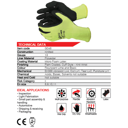 Flex Lime micro foam latex palm polyester gloves Abrasion-Lv4