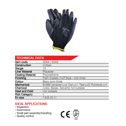 2.5'' Knit wrist cuff PU palm black inspector polyester gloves