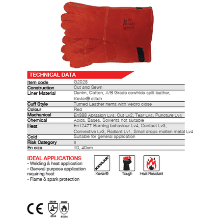 Heat resistant 8'' cuff Kevlar stitch leather welding gloves Burn-Lv4