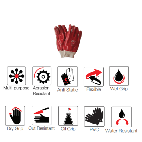 2.5'' Knit wrist cuff rough terry palm red PVC gloves Abrasion-Lv4