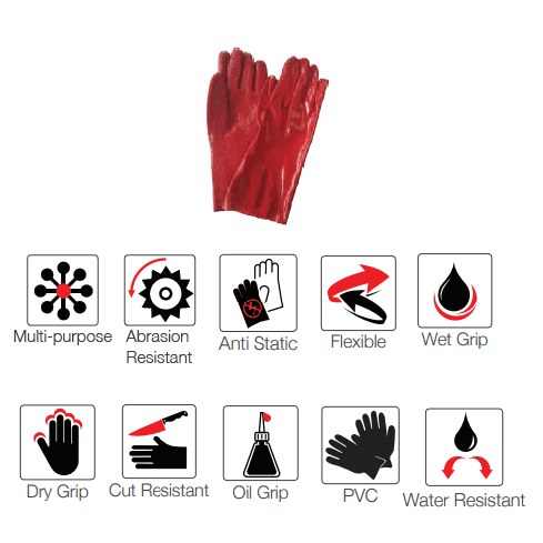 14'' Open cuff red rough terry palm PVC gloves Abrasion-Lv4