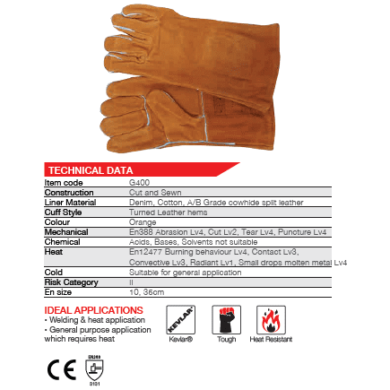 Heat resistant 14'' cuff Kevlar stitch welted seams leather welding gloves Burn-Lv4