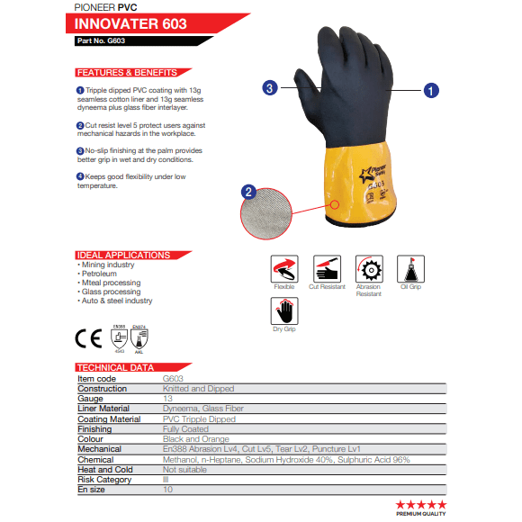 11'' Cuff chemical + cut resistant dyneme glass fibre black orange PVC gloves Cut-Lv5