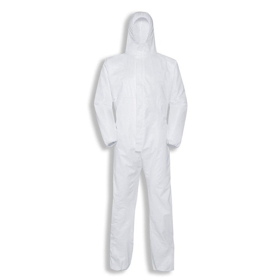 Disposable white 50gsm water resistant non-woven zip + hood coverall