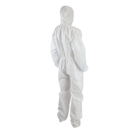 Disposable white 35gsm SPP poly non-woven zip + hood coverall