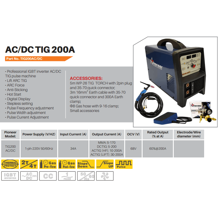 200Amp 220Volt Pioneer inverter AC/DC pulse HF tig welding machine