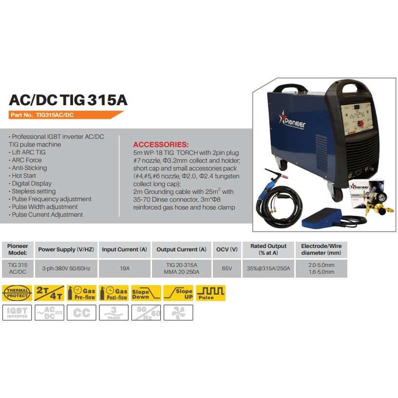 300Amp 380Volt Pioneer inverter AC/DC pulse HF tig welding machine