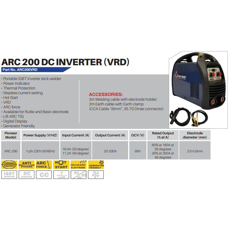 200Amp 220Volt Pioneer VRD Dc inverter arc welding machine