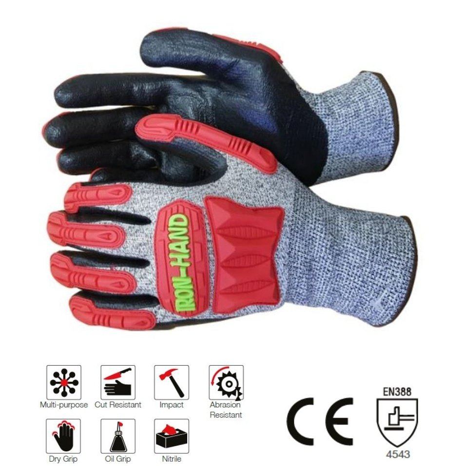 Maxmac Iron hand nitrile impact pads HPPE cotton polyester cut-resistant gloves Cut-Lv5