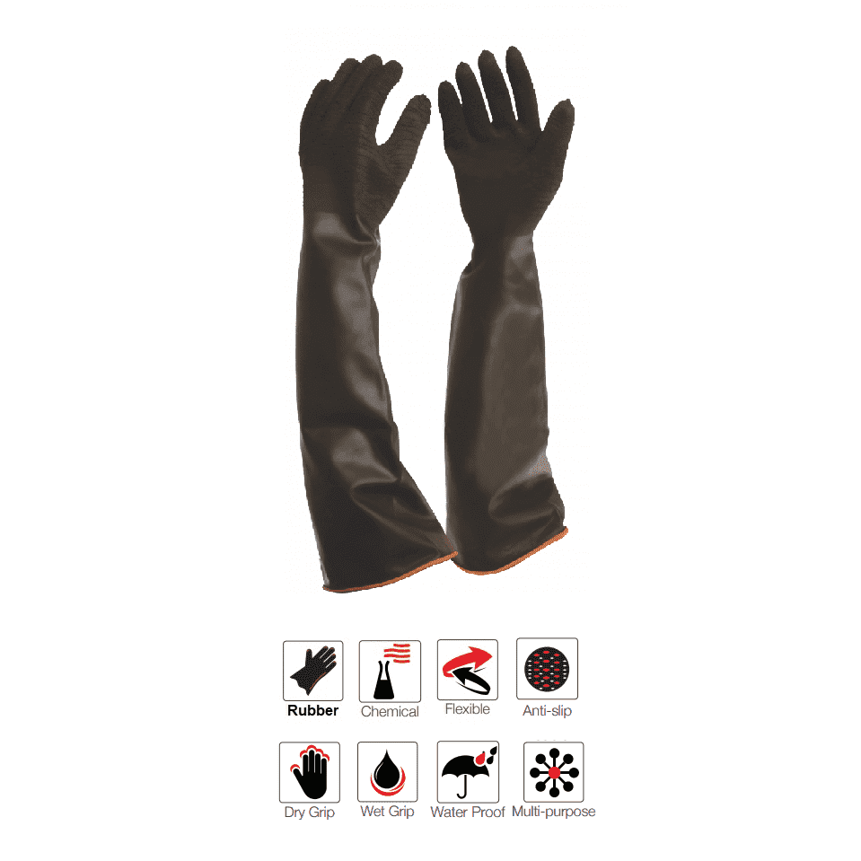 Chemical resistant 22'' cuff rough palm black rubber latex gloves